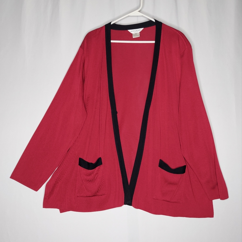 Exclusively Misook Cardigan Womens 3X Red Black Contrast Trim Pocket‎ Stretch